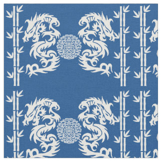 Deep Blue with Dragons and Bamboo Fabric