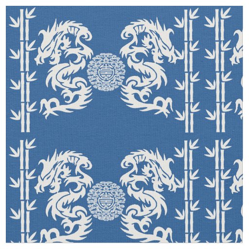 Deep Blue with Dragons and Bamboo Fabric