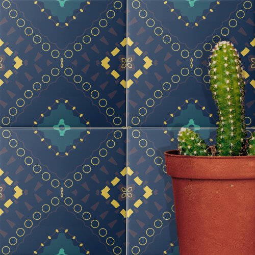 Deep Blue Yellow Geometric Shapes Mosaic Pattern Ceramic Tile