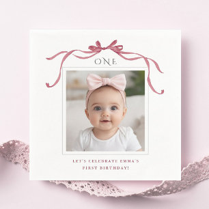 Deep Blush Pink Bow 1st Birthday Photo Napkins