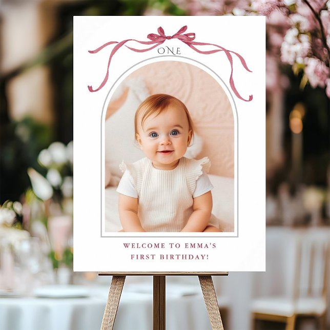 Deep Blush Pink Bow 1st Birthday Photo Welcome Foam Board (Creator Uploaded)