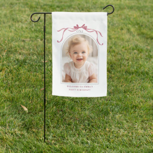 Deep Blush Pink Bow 1st Birthday Photo Welcome Garden Flag