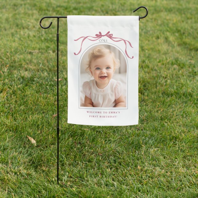 Deep Blush Pink Bow 1st Birthday Photo Welcome Garden Flag (In SItu)