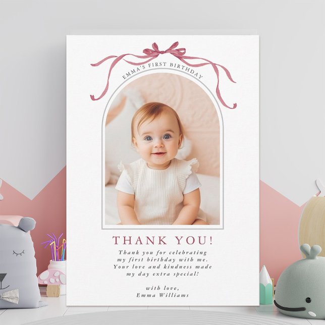 Deep Blush Pink Bow Birthday Arch Photo Thank You Card (Creator Uploaded)