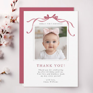 Deep Blush Pink Bow Birthday Photo Thank You Card