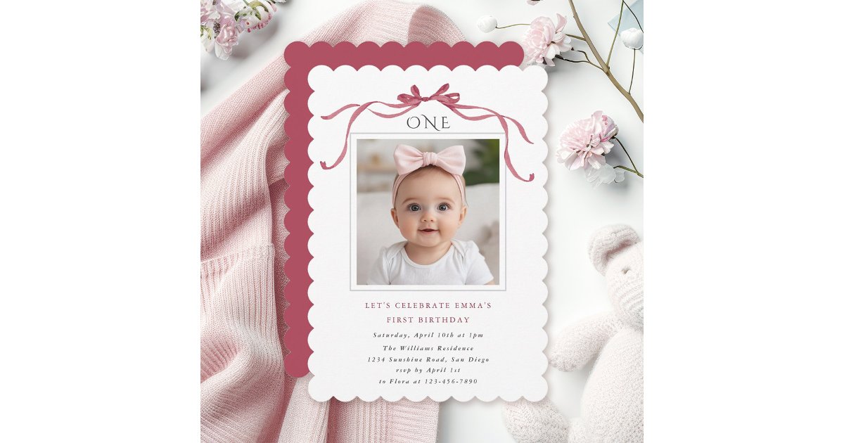 Deep Blush Pink Bow Girl 1st Birthday Party Invitation | Zazzle