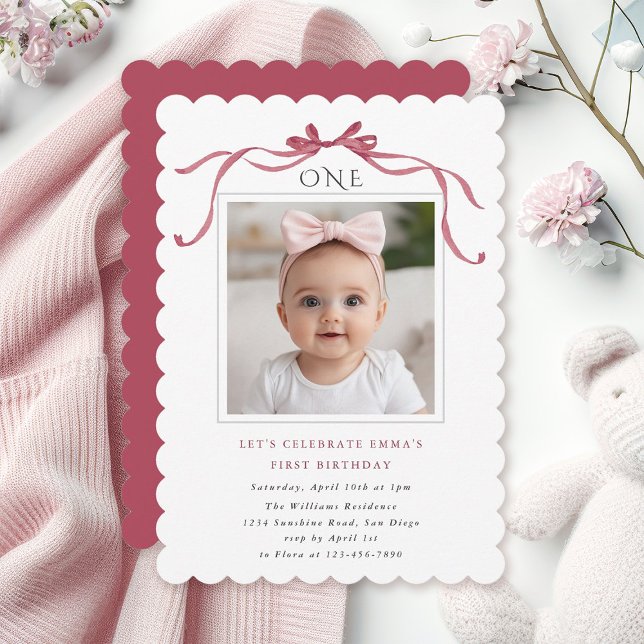 Deep Blush Pink Bow Girl 1st Birthday Party Invitation (Creator Uploaded)