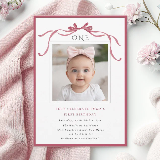 Deep Blush Pink Bow Girl 1st Birthday Party Photo Invitation | Zazzle