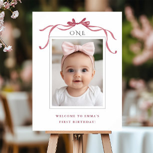 Deep Blush Pink Bow Girl 1st Birthday Welcome Foam Board