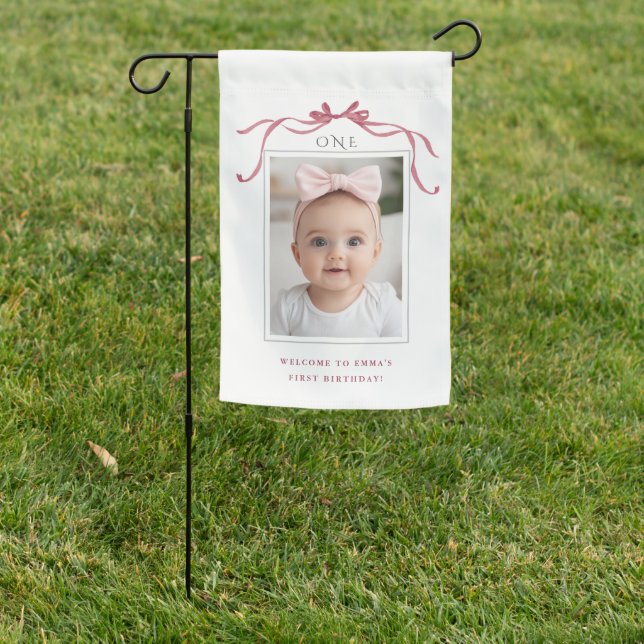 Deep Blush Pink Bow Girl 1st Birthday Welcome Garden Flag (In SItu)