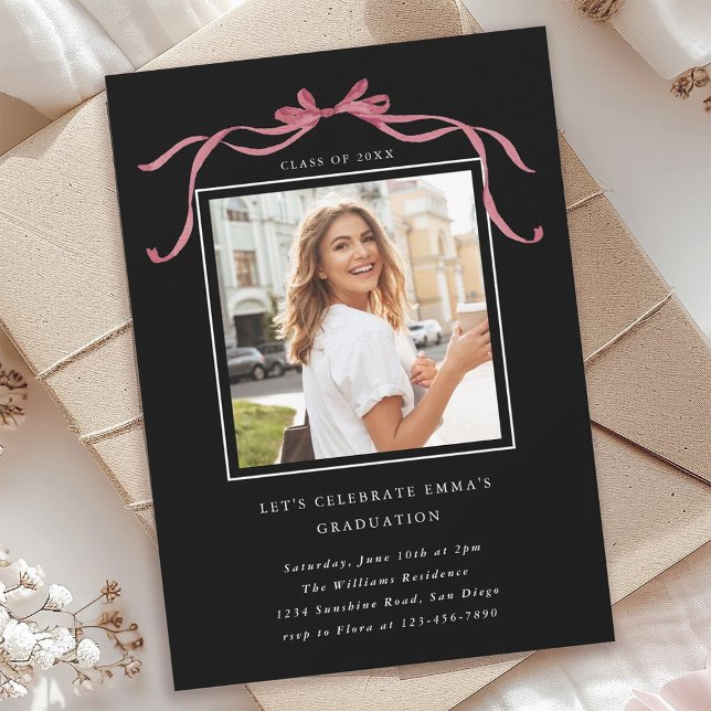 Deep Blush Ribbon Bow Graduation Party Photo Black Invitation (Creator Uploaded)