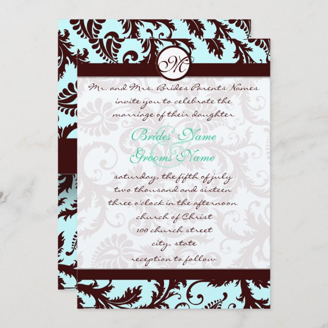 Deep Brown Damask Aqua Blue Wedding Invitation (Front/Back)