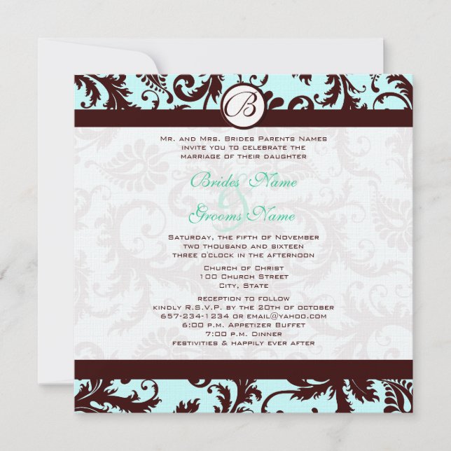 Deep Brown Damask Aqua Blue Wedding Invitation (Front)