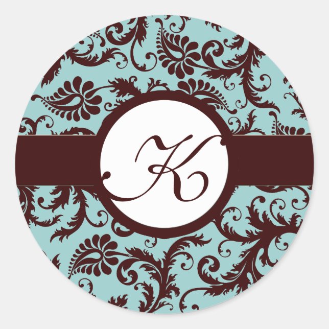 Deep Brown Damask Vintage Floral Wedding Stickers (Front)