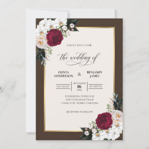 Deep Brown Maroon Bouquet Eucalyptus Wedding Invitation