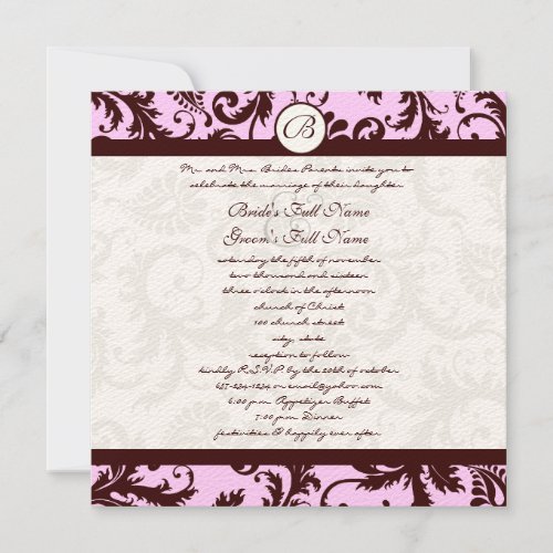 Deep Brown Pink Damask Wedding Invitation
