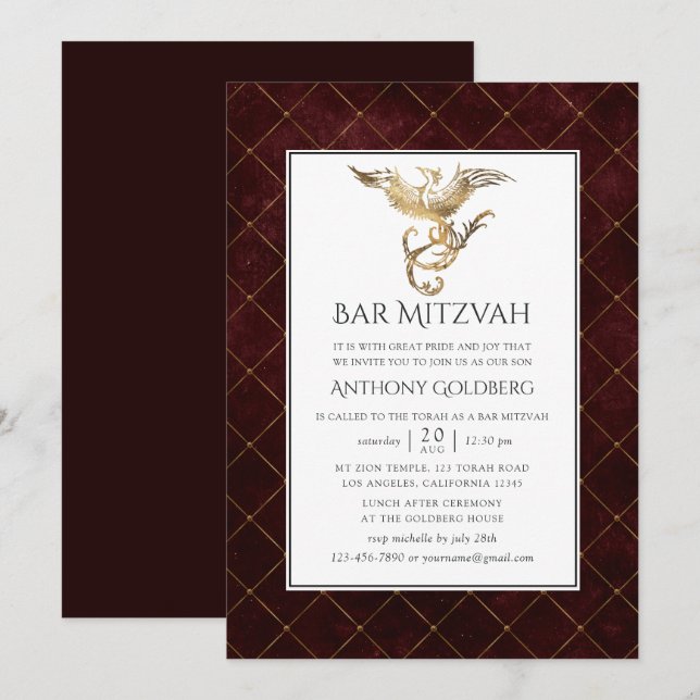 Deep Burgundy and Gold Dragon themed Bar Mitzvah Invitation (Front/Back)