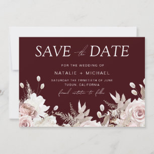 Deep Burgundy Blush Boho Floral Wedding Save The Date