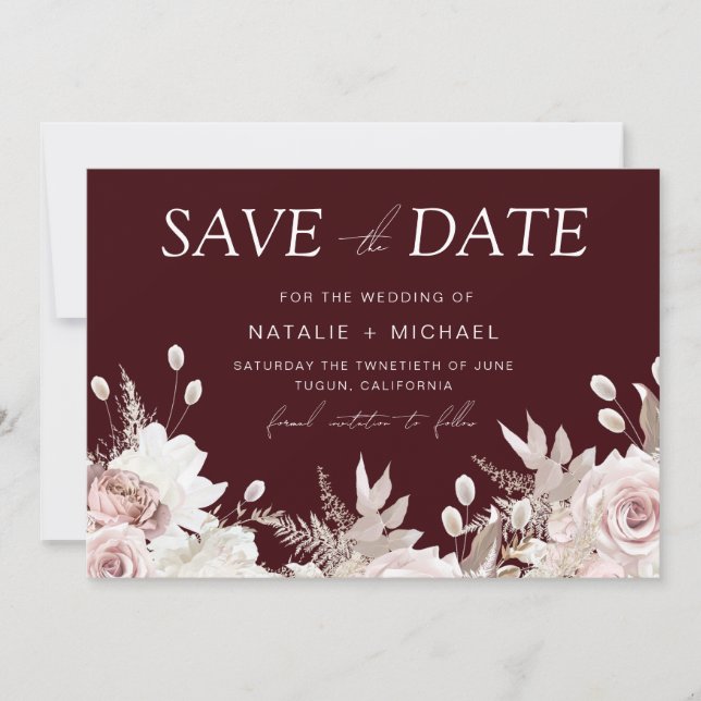 Deep Burgundy Blush Boho Floral Wedding Save The Date (Front)