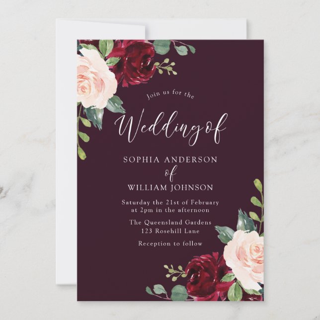 Deep Burgundy Blush Watercolor Floral Wedding Invitation (Front)