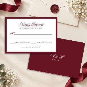 Deep Burgundy Border Monogram Script Wedding RSVP Card