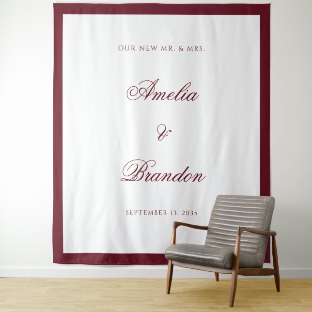 Deep Burgundy Border Script Wedding Backdrop (In Situ)