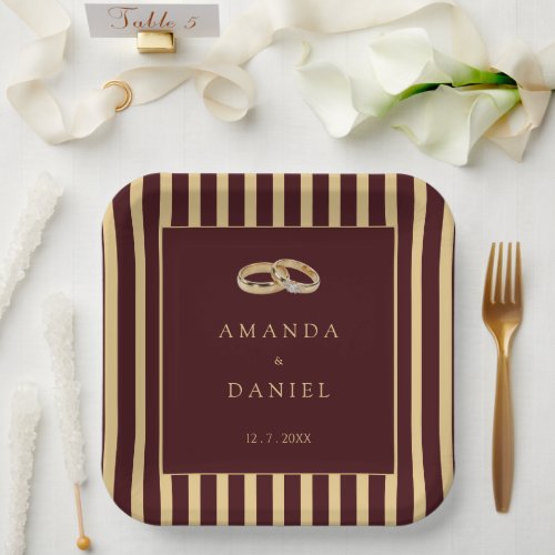 Deep Burgundy Brown Gold Diamond Wedding Stripes Paper Plates
