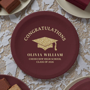 Deep Burgundy Class Of 2026 Graduation Party Paper Plates