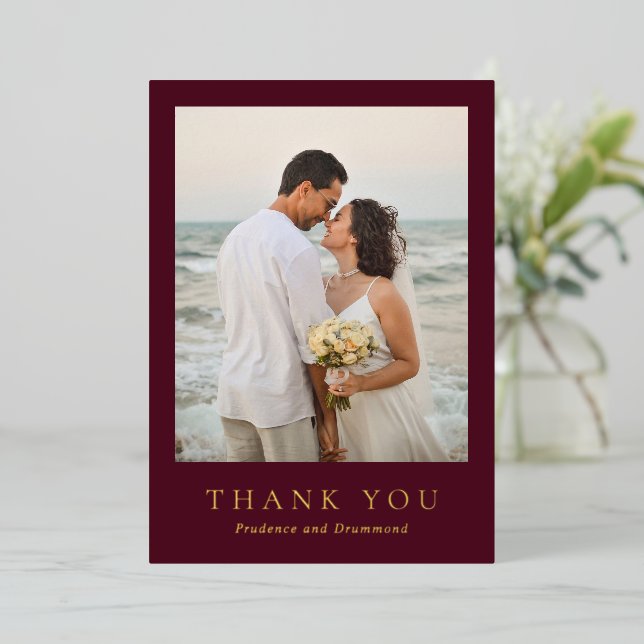 Deep Burgundy Classic Wedding Foil Thank You Card (Standing Front)