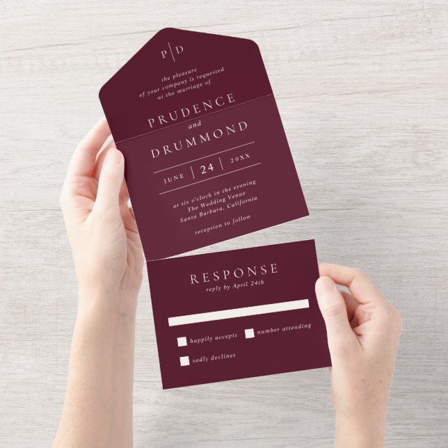 Deep Burgundy Elegant Classic Wedding All In One Invitation (Tearaway)