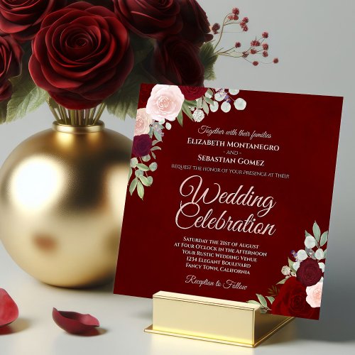 Deep Burgundy Elegant Red  Pink Roses Wedding Invitation