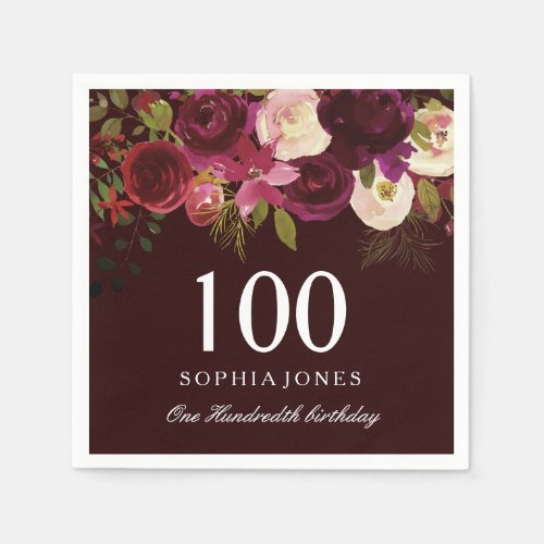 Deep Burgundy Floral Boho 100th Birthday Party Napkins