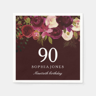 Deep Burgundy Floral Boho 90th Birthday Party Paper Napkins