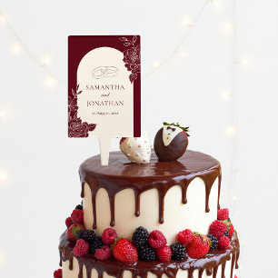 Deep Burgundy Floral Ivory Arch Wedding Cake Topper