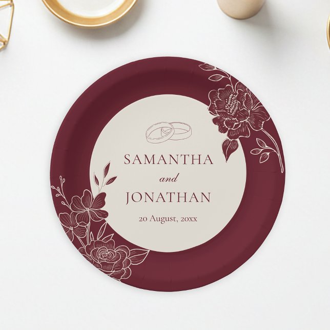 Deep Burgundy Floral Ivory Circle Wedding Paper Plates (Deep Burgundy Floral Line Art with Ivory Wedding Paper Plate)