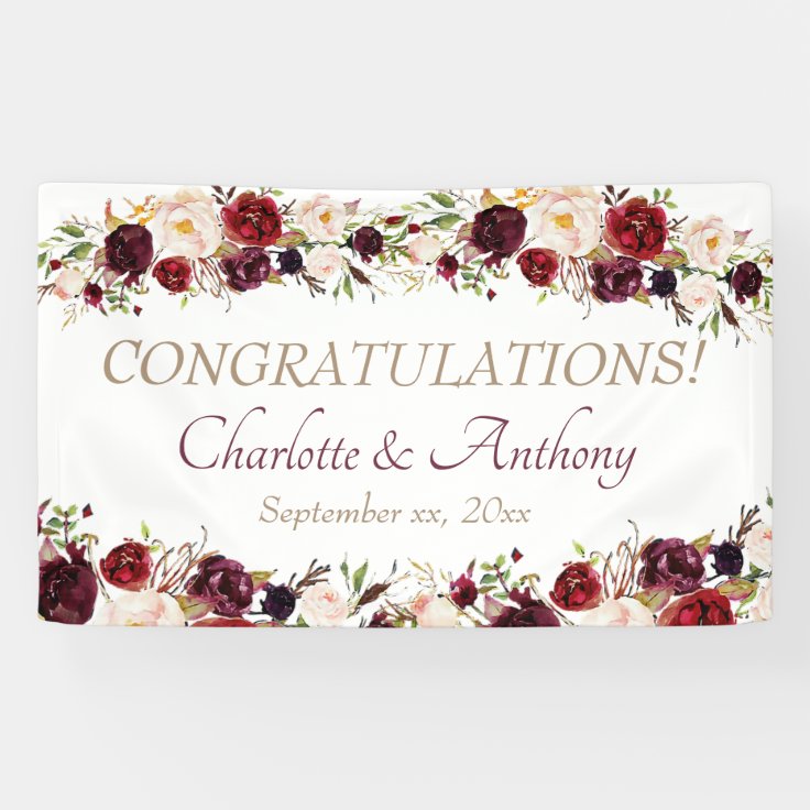 Deep Burgundy Floral Wedding Banner | Zazzle