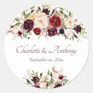 Deep Burgundy Floral Wedding Classic Round Sticker