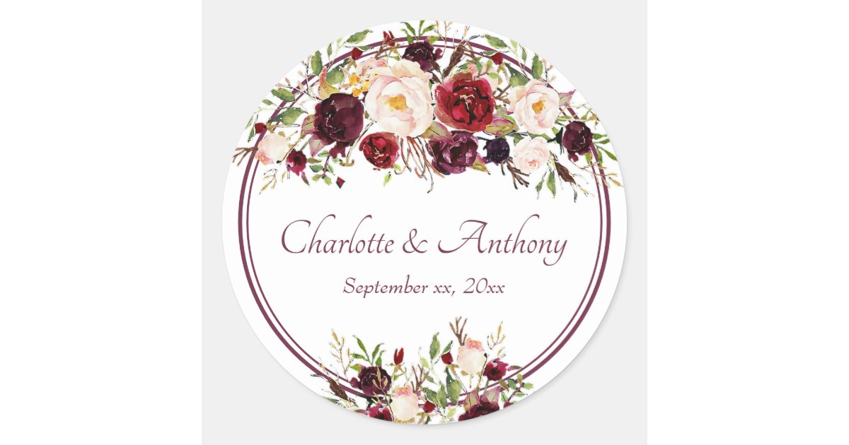 Deep Burgundy Floral Wedding Classic Round Sticker | Zazzle