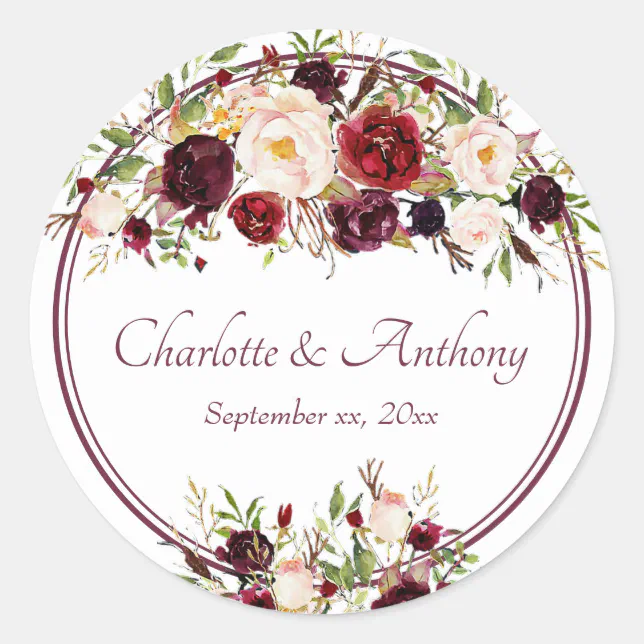 Deep Burgundy Floral Wedding Classic Round Sticker | Zazzle