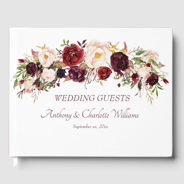 Deep Burgundy, Floral, Wedding Guest Book (Front)