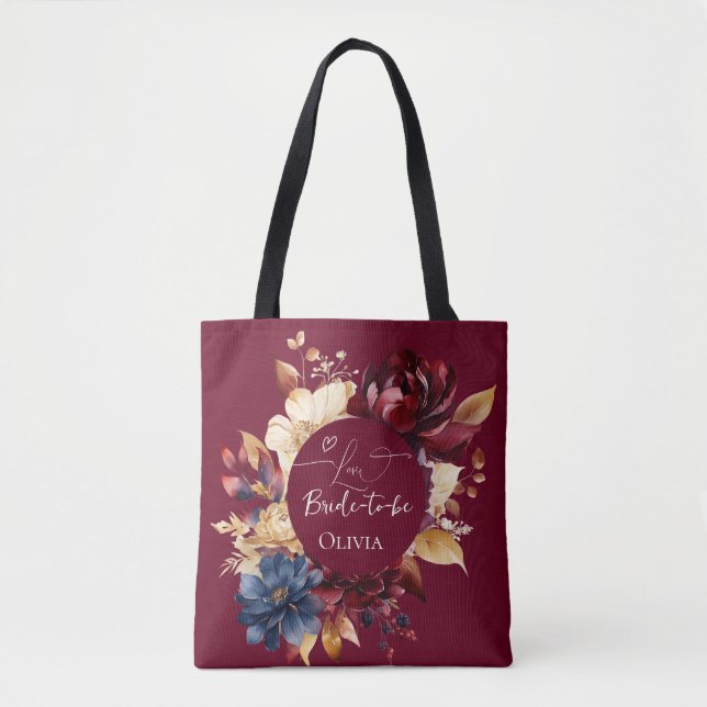 Deep Burgundy Floral Wedding Tote Bag (Front)
