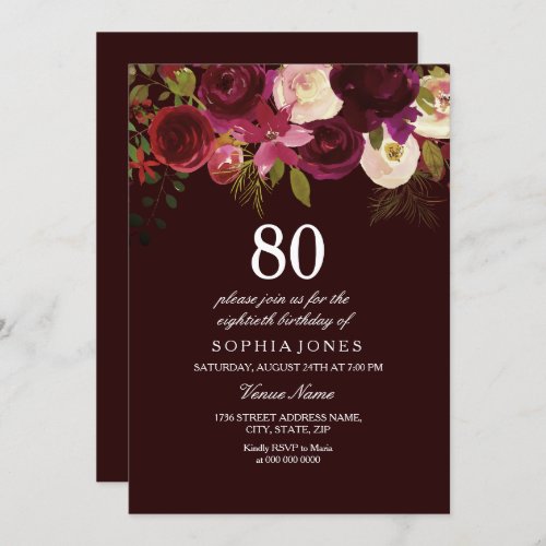 Deep Burgundy Flowers 80th Birthday Party Invite