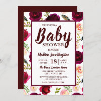 Deep Burgundy Flowers Boho Baby Shower Invitation