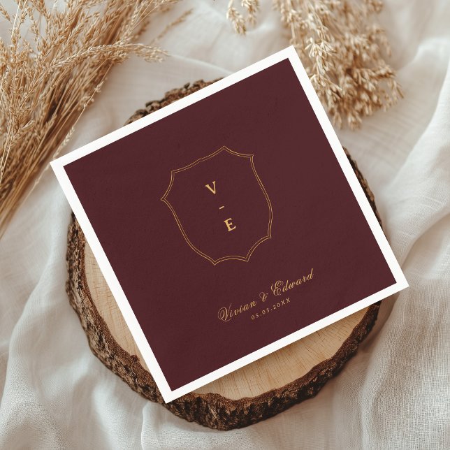 Deep Burgundy & Gold Crest Monogram Winter Wedding Napkins (Creator Uploaded)