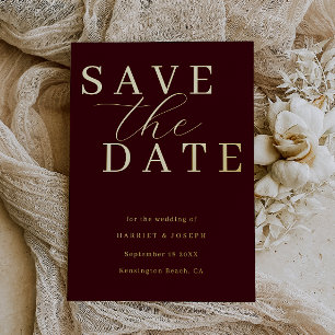 Deep Burgundy & Gold Foil Wedding Save The Date Invitation