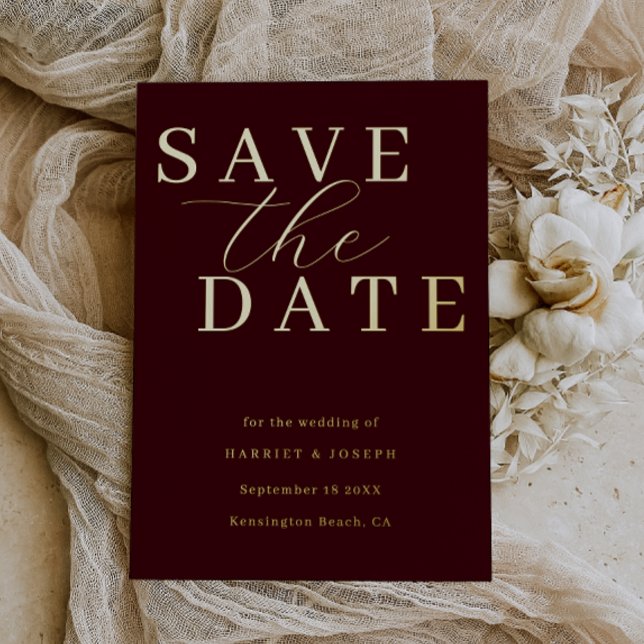 Deep Burgundy & Gold Foil Wedding Save The Date Invitation (Creator Uploaded)