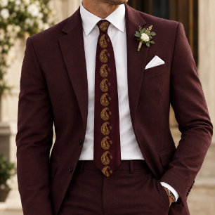 Deep Burgundy Gold Jeweled Paisley Column Neck Tie