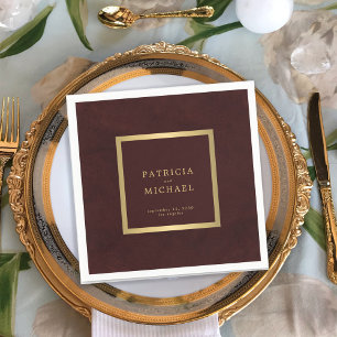 Deep burgundy gold wedding bride and groom napkins