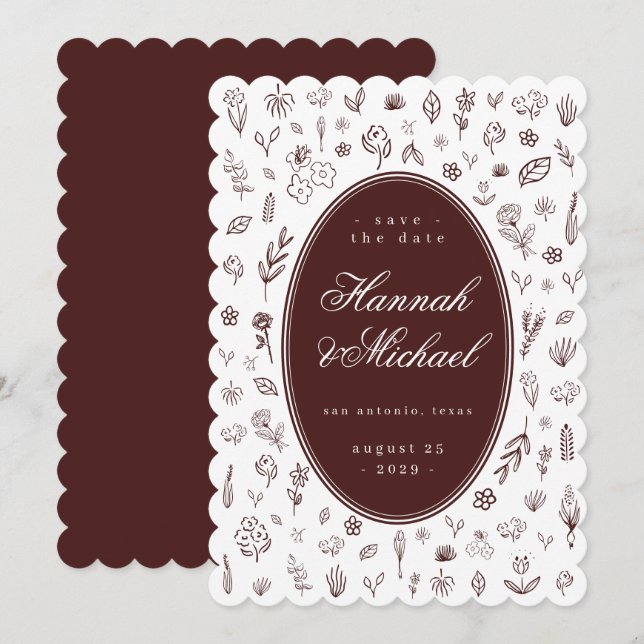 Deep Burgundy Hand Drawn Flowers Spring Wedding Save The Date (Front/Back)