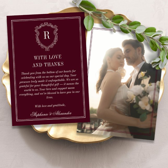 Deep Burgundy Ivory Crest Old Money Photo Wedding Thank You Card (Creator Uploaded)